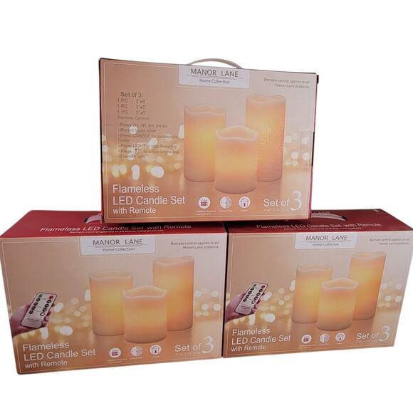 Manor Lane Flameless LED Candle Set of 3 w/ Remote Flicker Glow Timer - Picture 2 of 7